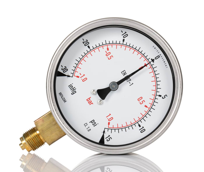 RS PRO G 3/8 Analogue Pressure Gauge 1bar Bottom Entry 100mm Outside Diameter