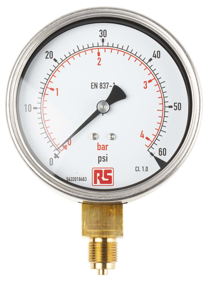 RS PRO G 3/8 Analogue Pressure Gauge 60psi Bottom Entry 100mm Outside Diameter