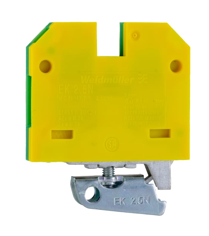 Weidmuller 2-Way EK 2.5 Earth Terminal Block, 2.5mm², 26 → 12 AWG Wire, Screw Down, Nylon Housing, ATEX