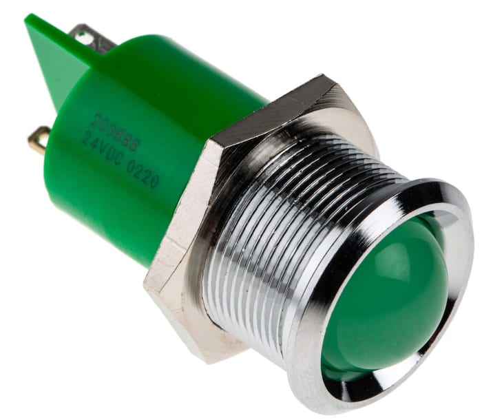 RS PRO Green Panel Mount Indicator, 24V dc, 22mm Mounting Hole Size, Solder Tab Termination