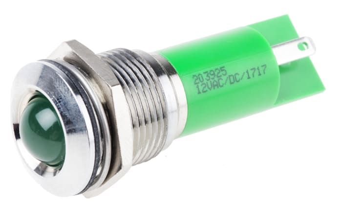 RS PRO Green Panel Mount Indicator, 12V ac/dc, 16mm Mounting Hole Size, Solder Tab Termination