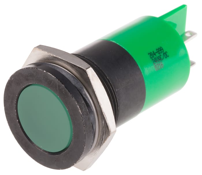 RS PRO Green Panel Mount Indicator, 24V ac/dc, 22mm Mounting Hole Size, Solder Tab Termination