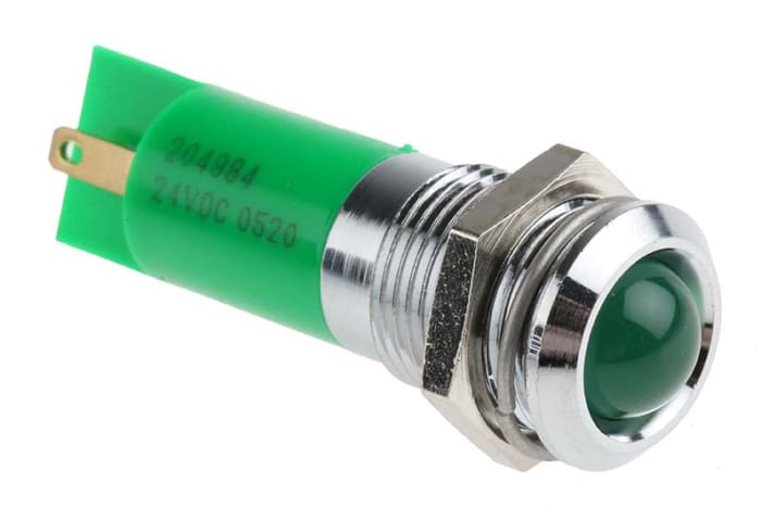 RS PRO Green Panel Mount Indicator, 24V dc, 14mm Mounting Hole Size, Solder Tab Termination