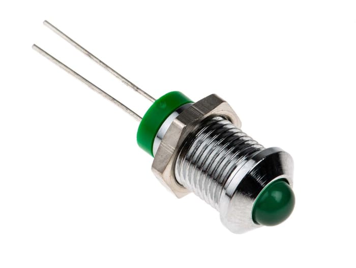 Indicador LED RS PRO, Verde, lente prominente, marco Cromo, Ø montaje 8mm, 2V dc, 20mA, 40mcd, IP67