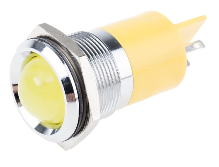 Indicador LED RS PRO, Amarillo, lente prominente, marco Cromo, Ø montaje 22mm, 12V dc, 20mA, 60mcd