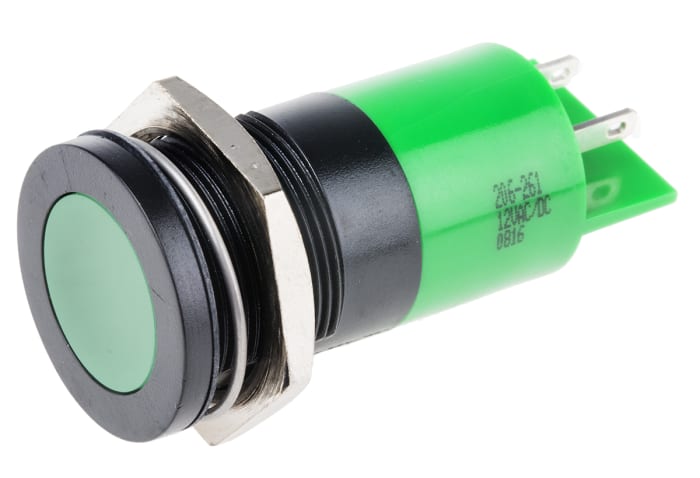 RS PRO Green Panel Mount Indicator, 12V ac/dc, 22mm Mounting Hole Size, Solder Tab Termination