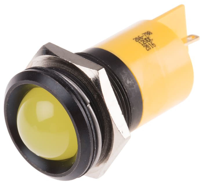RS PRO Yellow Panel Mount Indicator, 12V dc, 22mm Mounting Hole Size, Solder Tab Termination