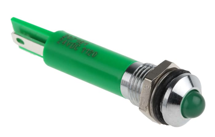 RS PRO Green Panel Mount Indicator, 24V dc, 8mm Mounting Hole Size, Solder Tab Termination