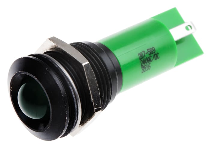 RS PRO Green Panel Mount Indicator, 24V ac/dc, 16mm Mounting Hole Size, Solder Tab Termination
