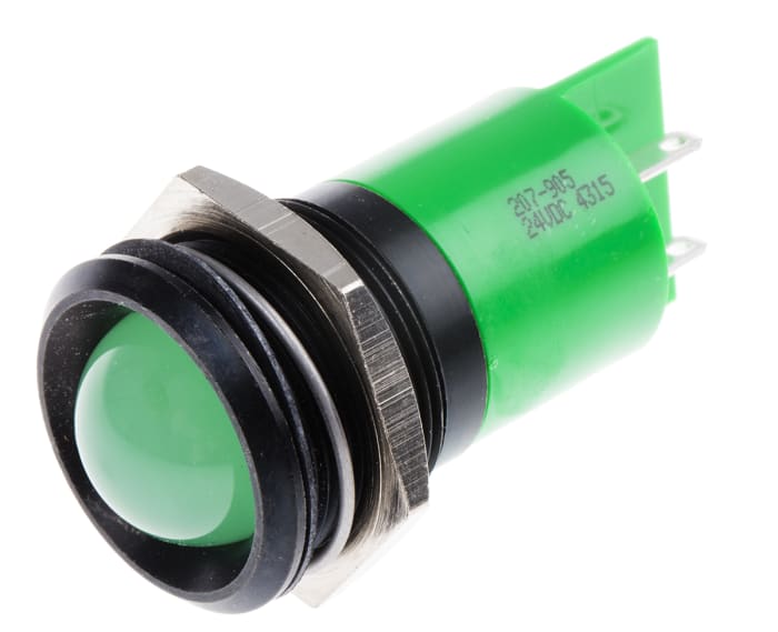RS PRO Green Panel Mount Indicator, 24V dc, 22mm Mounting Hole Size, Solder Tab Termination