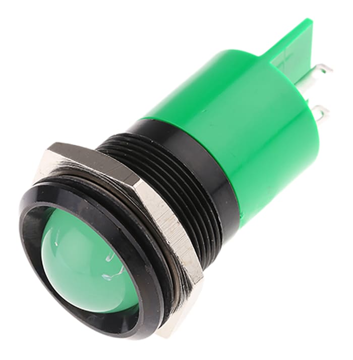 Indicador LED RS PRO, Verde, lente prominente, marco Negro, Ø montaje 22mm, 230V ac, 3mA, 20mcd
