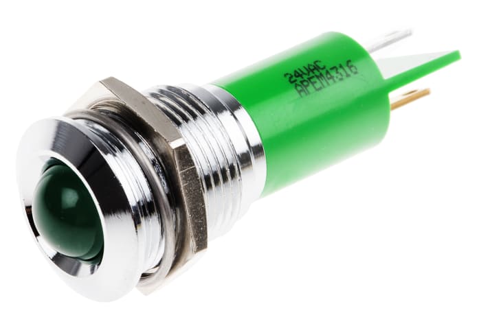 RS PRO Green Panel Mount Indicator, 24V ac/dc, 16mm Mounting Hole Size, Solder Tab Termination