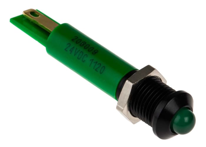 RS PRO Green Panel Mount Indicator, 24V dc, 8mm Mounting Hole Size, Solder Tab Termination