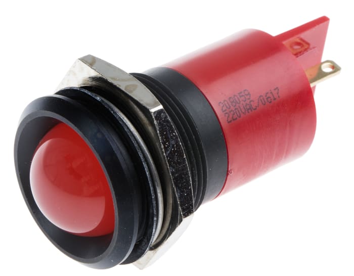 Indicador LED RS PRO, Rojo, lente prominente, marco Negro, Ø montaje 22mm, 230V ac, 3mA, 82mcd