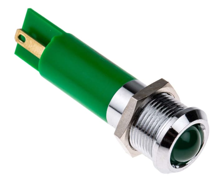 RS PRO Green Panel Mount Indicator, 24V ac/dc, 12mm Mounting Hole Size, Solder Tab Termination, IP67