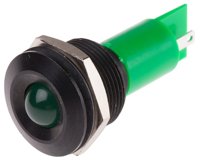 Indicador LED RS PRO, Verde, lente prominente, marco Negro, Ø montaje 19mm, 115 V dc, 230V ac, 3mA, 60mcd