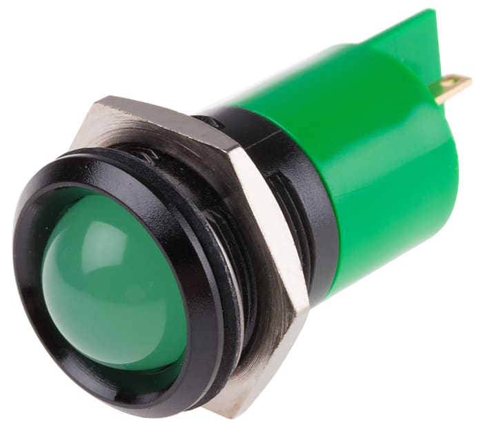 RS PRO Green Panel Mount Indicator, 12V ac/dc, 22mm Mounting Hole Size, Solder Tab Termination