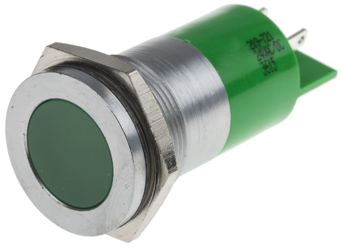 RS PRO Green Panel Mount Indicator, 24V ac/dc, 22mm Mounting Hole Size, Solder Tab Termination