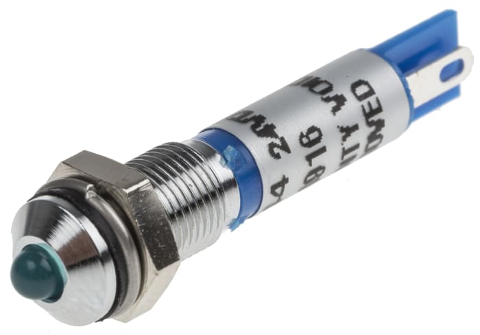 Indicador LED RS PRO, Azul, lente prominente, marco Cromo, Ø montaje 6mm, 24V dc, 20mA, 65mcd