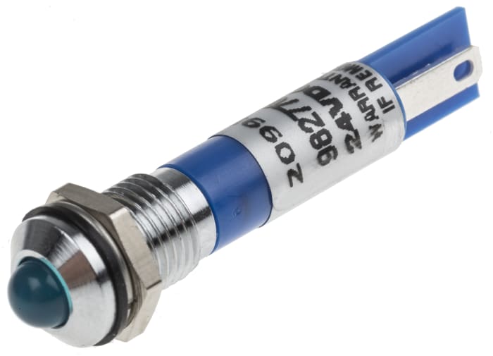 RS PRO Blue Panel Mount Indicator, 24V dc, 8mm Mounting Hole Size, Solder Tab Termination