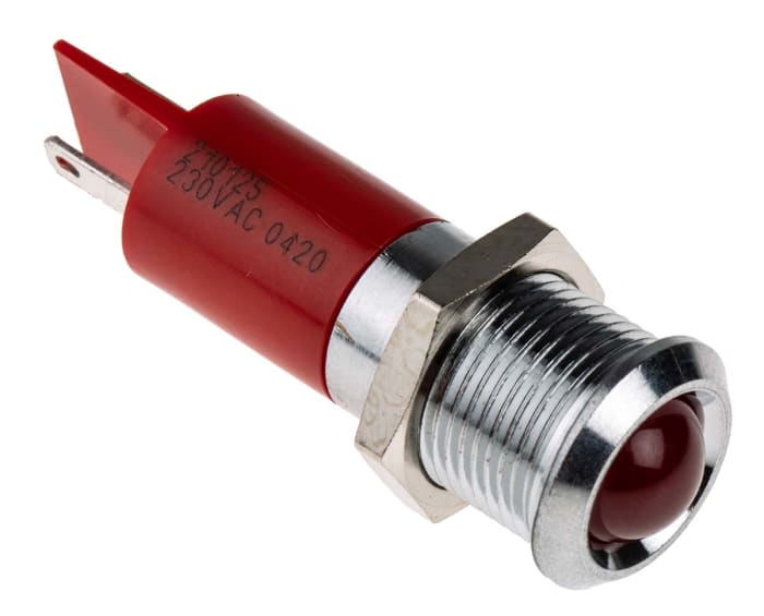 İndikatör Lamba/Sinyal Lambası, LED Lambalı, Kırmızı, Çıkıntılı, 230 V ac, 10 mm, 14mm, Tırnak Terminalli