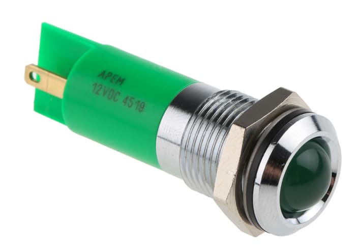 Indicador LED RS PRO, Verde, lente prominente, marco Cromo, Ø montaje 14mm, 12V, 16 → 20mA, 2700mcd, IP67