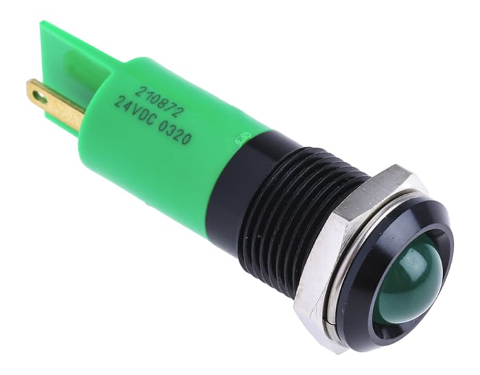 RS PRO Green Panel Mount Indicator, 24V dc, 14mm Mounting Hole Size, Solder Tab Termination