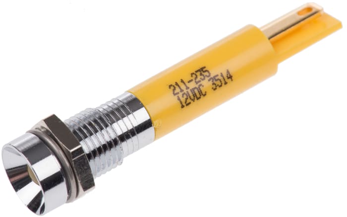 RS PRO Yellow Panel Mount Indicator, 12V dc, 8mm Mounting Hole Size, Solder Tab Termination