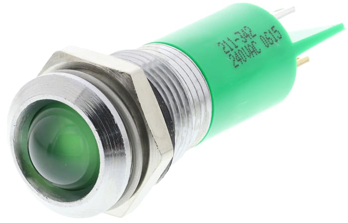 RS PRO Green Panel Mount Indicator, 240V, 14.5mm Mounting Hole Size, Solder Tab Termination, IP40