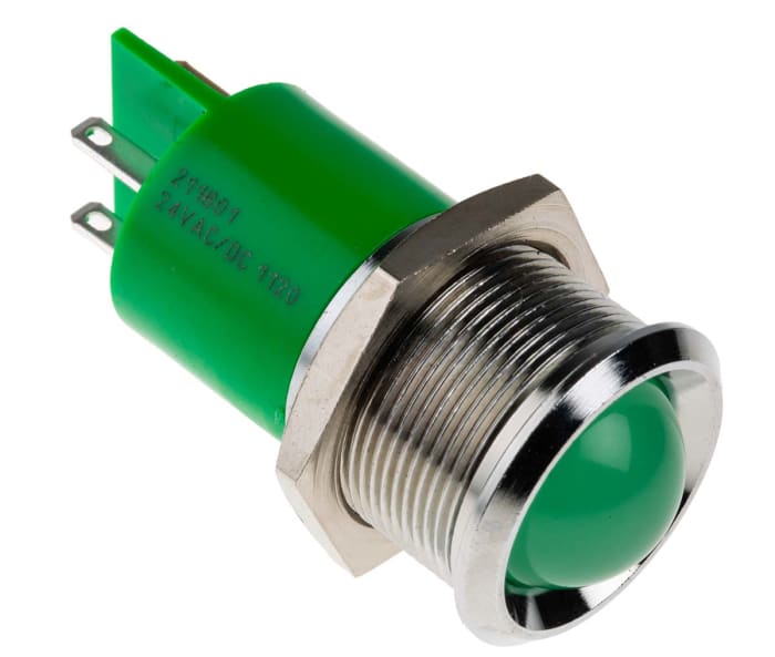 RS PRO Green Panel Mount Indicator, 24V ac/dc, 22mm Mounting Hole Size, Solder Tab Termination