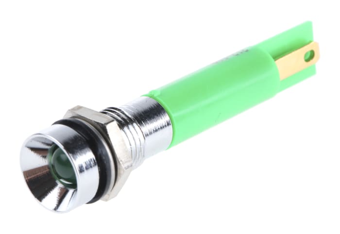 RS PRO Green Panel Mount Indicator, 24V c.c., 8mm Mounting Hole Size, Solder Tab Termination, IP67