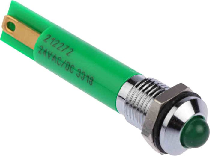 RS PRO Green Panel Mount Indicator, 24V dc, 8mm Mounting Hole Size, Solder Tab Termination, IP67