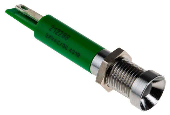 RS PRO Green Panel Mount Indicator, 24V ac/dc, 8mm Mounting Hole Size, Solder Tab Termination, IP67