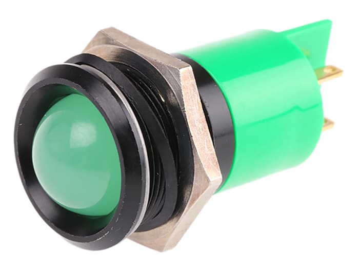 RS PRO Green Panel Mount Indicator, 24V ac/dc, 22mm Mounting Hole Size, Solder Tab Termination