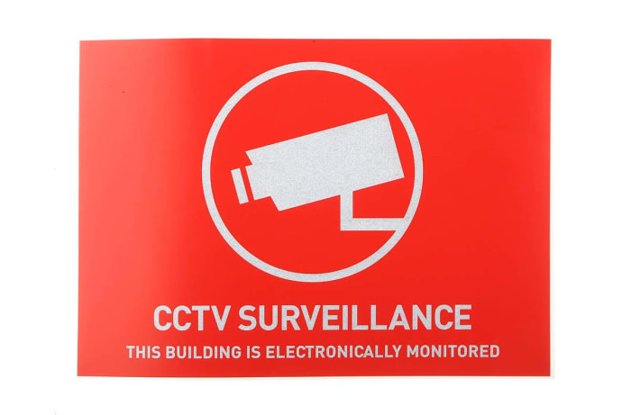 Autocollant VIDEOSURVEILLANCE ABUS Security-Center Rouge/Blanc, texte en Anglais, 105 mm Etiquette x 148mm