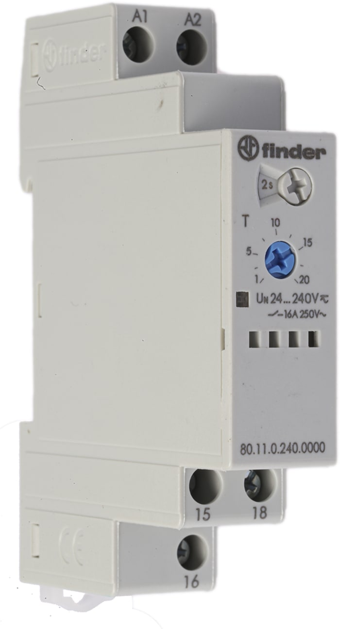 Finder 80 Series Series DIN Rail Mount Timer Relay, 24 → 240V ac/dc, 1-Contact, 0.1 → 20 s, 0.1 →