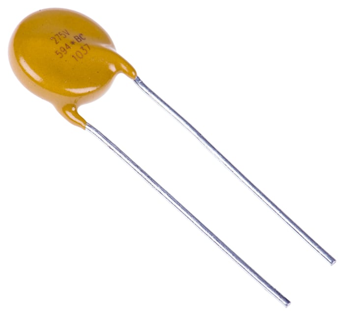 Varistor Vishay NTCLE100E3, tensión de ruptura 430V, 25A, 63J, 270pF, dim. 13.5 (Dia.) x 5.4mm, paso 7.5mm