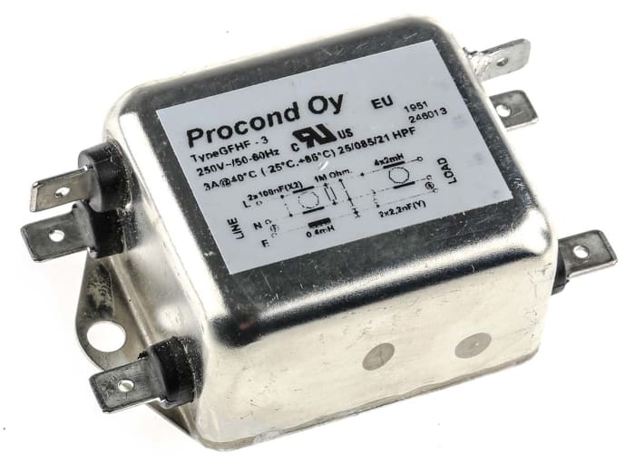 Filtro RFI RS PRO 100 nF, 3 A, 250V ac, 400 Hz 2 x 2 mH, Montaje en panel, con terminales Macho 0.2 mA 2