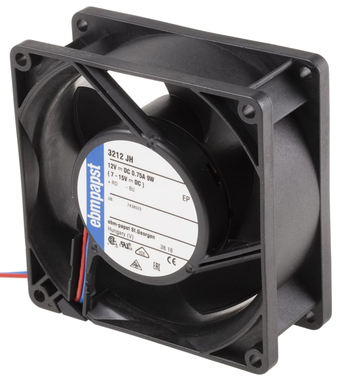ebm-papst 3200 J - S-Force Series Axial Fan, 12 V dc, DC Operation, 146m³/h, 9W, 750mA Max, 92 x 92 x 38mm