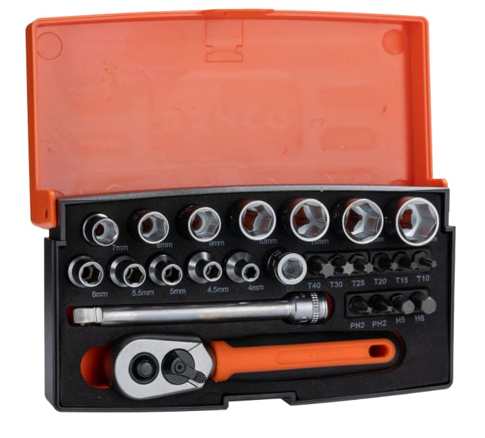 Bahco 25-Piece Metric 1/4 in Standard Socket/Bit Set with Ratchet, 6 point; Hex Bit; Phillips Bit; Torx Bit