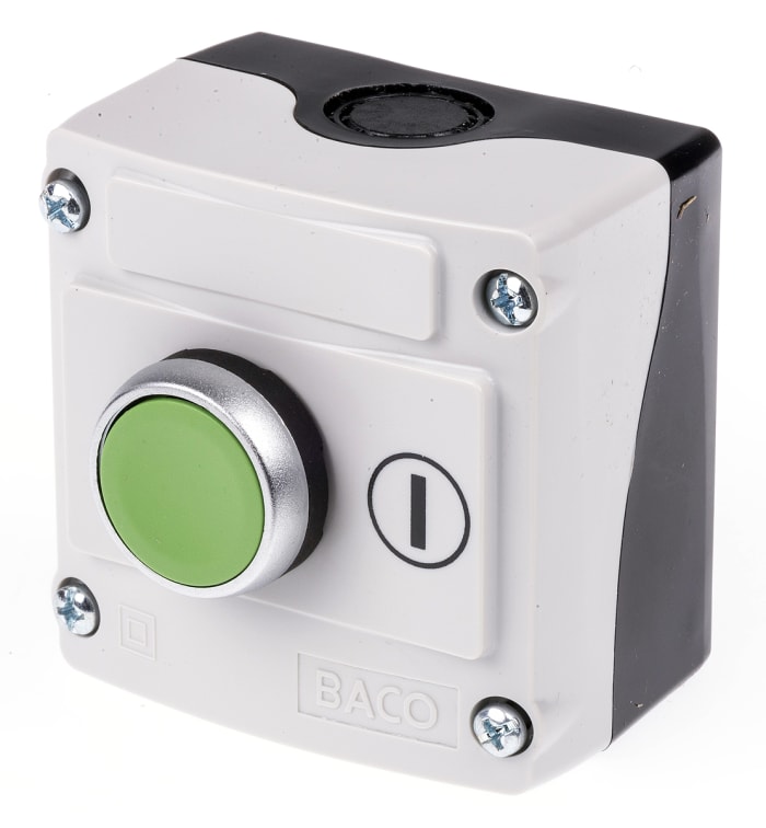 BACO Spring Return Push Button Control Station, Plastic, Green, IP66