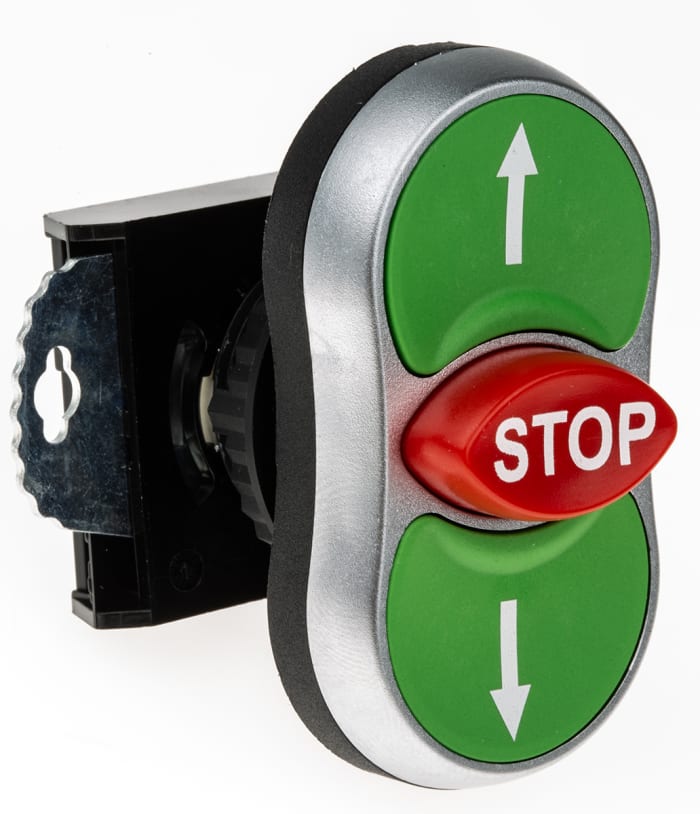 Tête de bouton poussoir BACO, BACO Vert/Rouge/Vert, Ø découpe 22mm, Retour par ressort