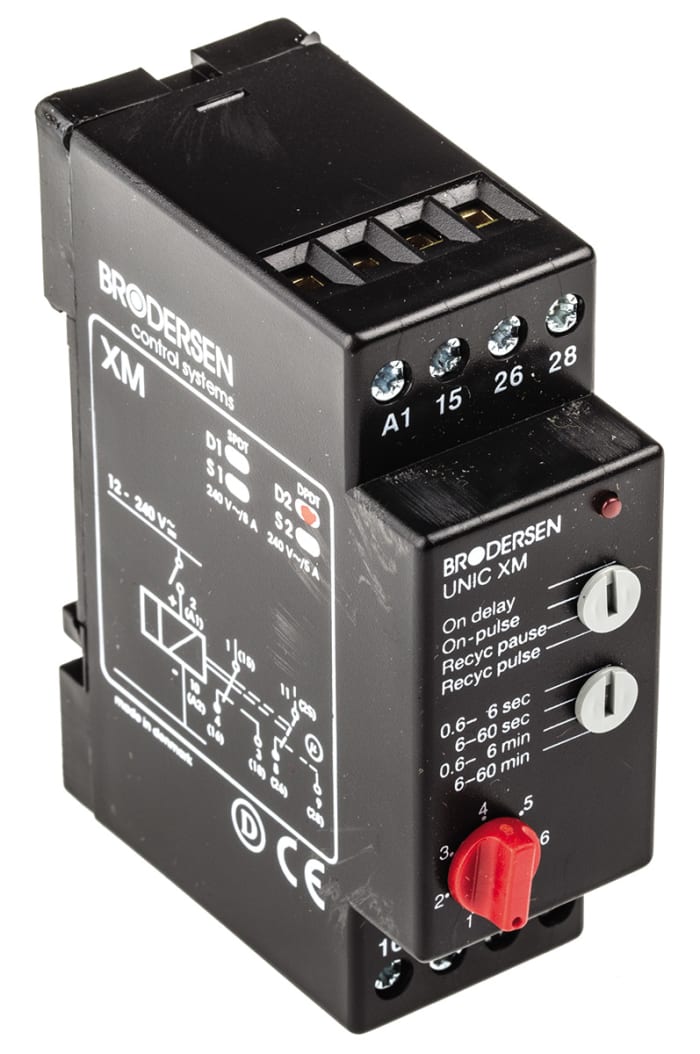 Brodersen Systems XM-D2 Series DIN Rail Mount Timer Relay, 10.5 → 265V ac/dc, 2-Contact, 0.6 → 60min, DPDT