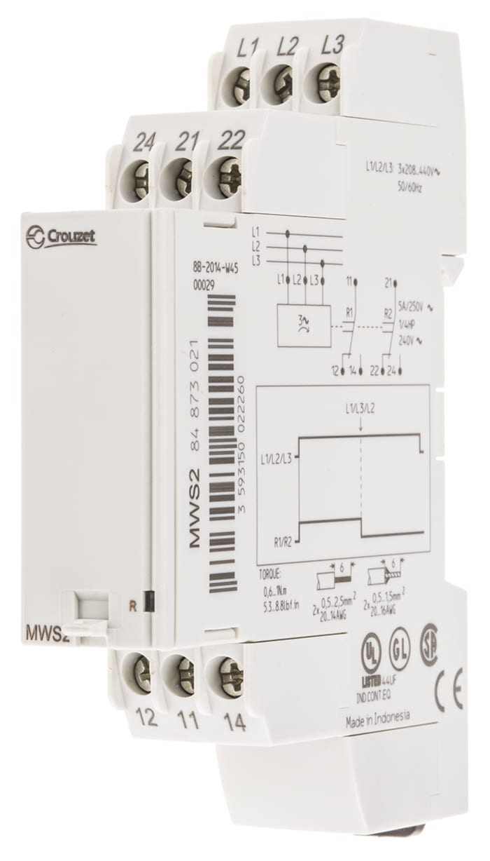 Crouzet Phase Monitoring Relay, 3 Phase, DPDT, DIN Rail