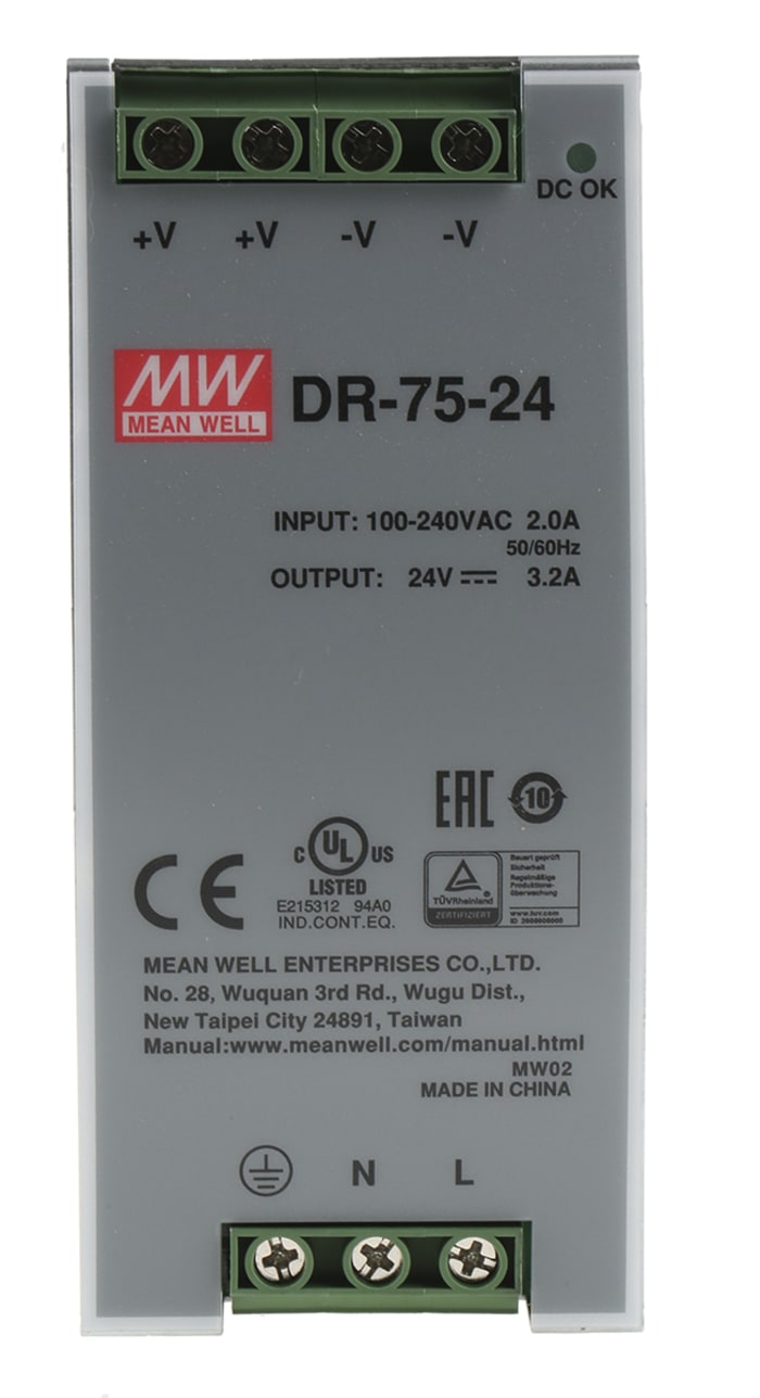 Mean Well DR Switch Mode DIN Rail Panel Mount Power Supply, 120 → 370 V dc, 85 → 264 V ac, 24V dc, 3.2A