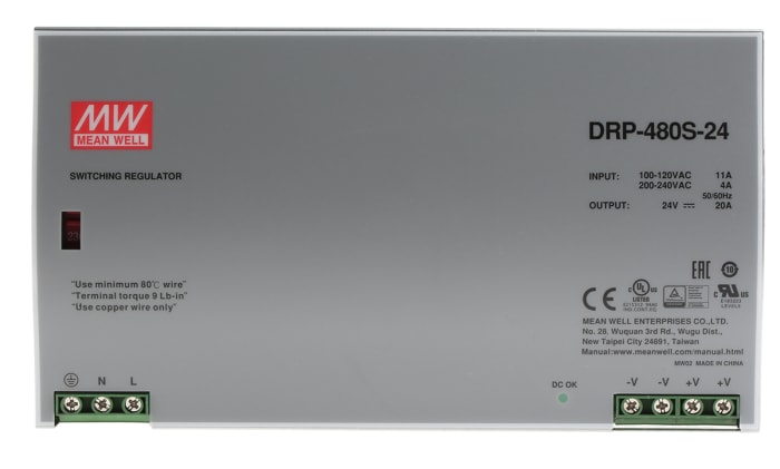 Alimentation à découpage Mean Well, série DRP, 24V c.c.out 20A, 90 → 132V c.a.in, 480W