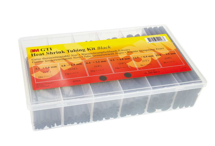 3M Black Heat Shrink Tubing Kit 3.2 mm, 4.8 mm, 6.4 mm, 9.5 mm, 12.7 mm, 19 mm Sleeve Dia. x 150mm Length