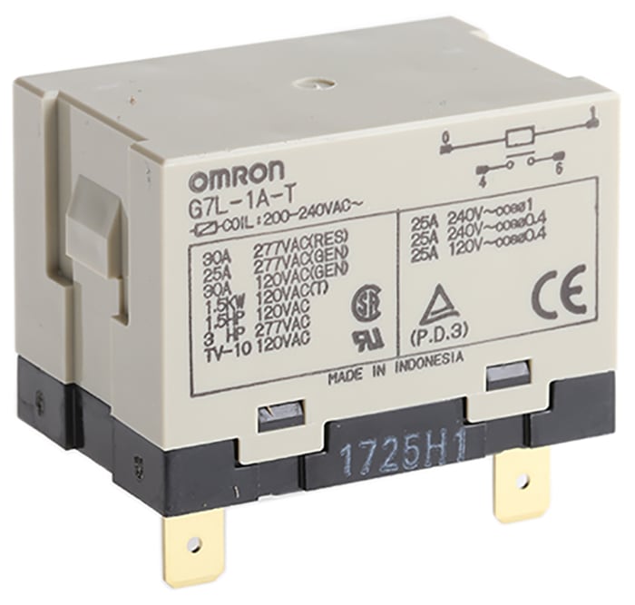 Omron Panel Mount Power Relay, 120V ac Coil, 25A Switching Current, DPST
