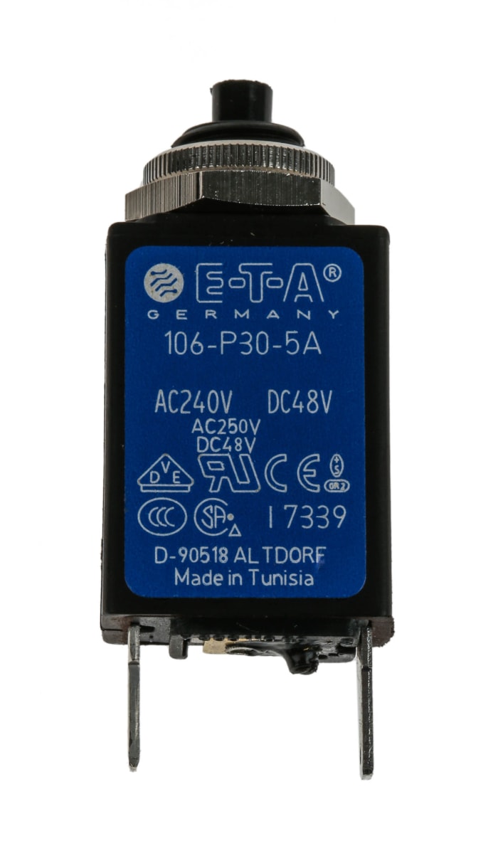 ETA Thermal Circuit Breaker - 106-P30  Single Pole 250V Voltage Rating Panel Mount, 5A Current Rating