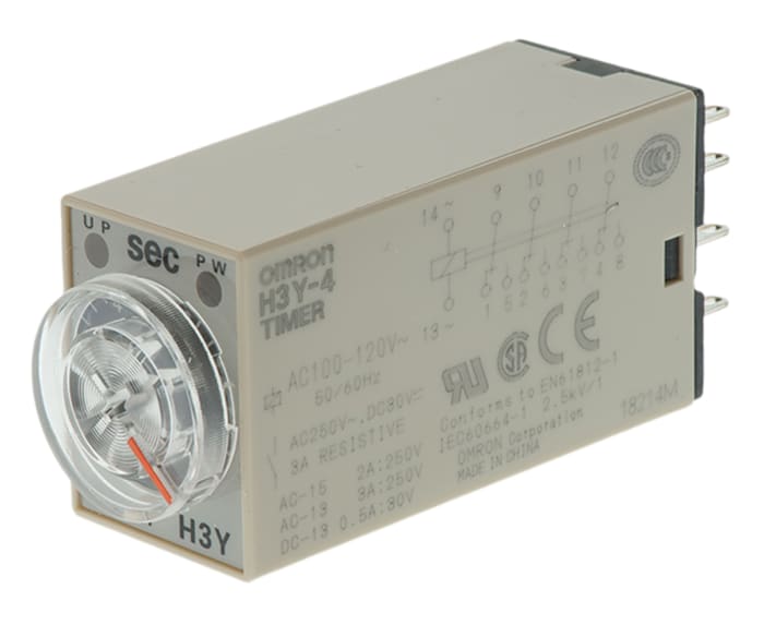 Omron H3Y-4 Series DIN Rail, Surface Mount Timer Relay, 100 → 120V ac, 4-Contact, 0.5 → 10s, 1-Function,